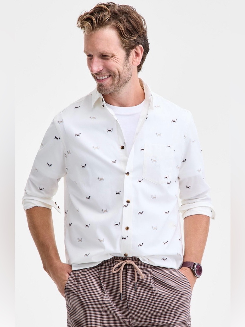 Club Room Men's Basset Hound Print Brushed Cotton Button-Down Shirt, Size XXL